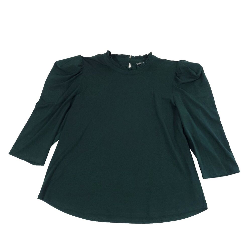Adrianna Papell Top XL Green Blouse 3/4 Puff Sleeve high neck‎ capsule staple